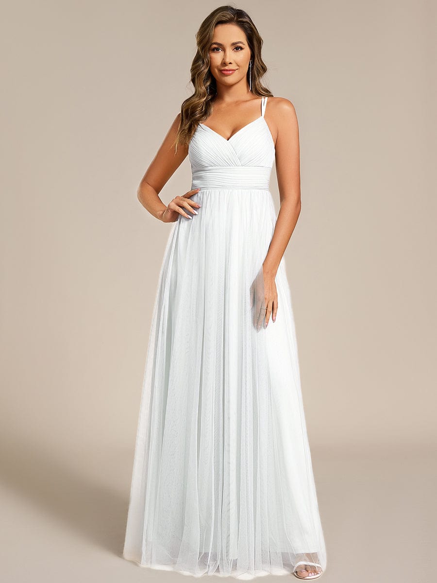 ever JAYCEE|Lace Back Cross-Strap V-Neck Pleated Sleeveless Tulle Bridesmaid Dress (Final Sale)