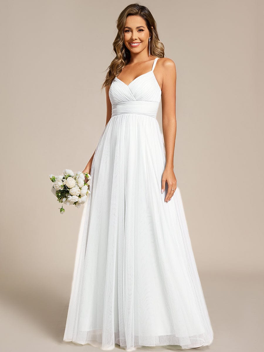 ever JAYCEE|Lace Back Cross-Strap V-Neck Pleated Sleeveless Tulle Bridesmaid Dress (Final Sale)