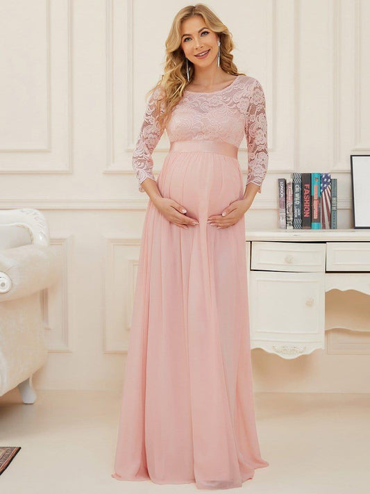 ever KALANI|3/4 Sleeves Embroidered Maternity Maxi Dress in Pink