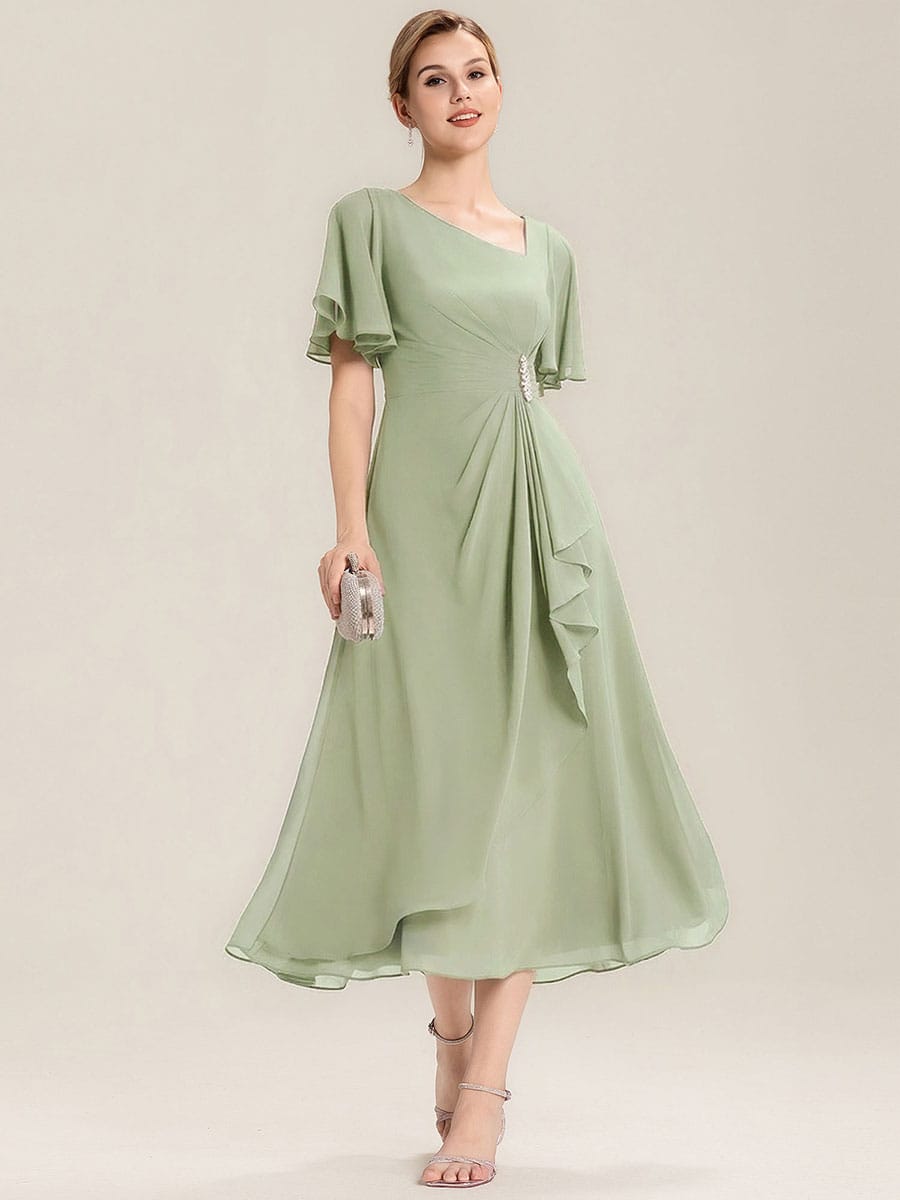 ever LILOU|Rhinestone Embellished Chiffon Ruffle Sleeve Mother of the Bride Dress