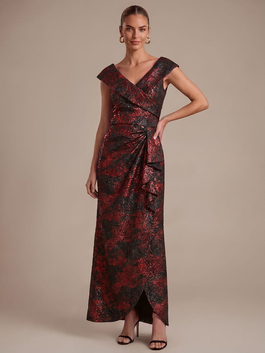 Ruffle Slit Mermaid Jacquard High Low Dress