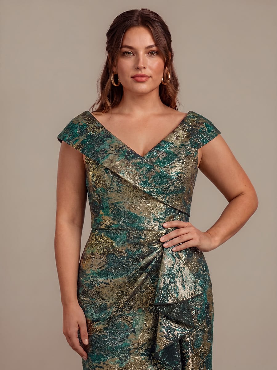 Plus Size Ruffle Slit Mermaid Jacquard High Low Dress