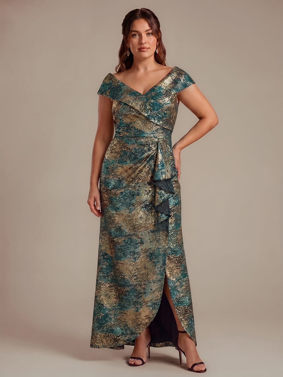 Ruffle Slit Mermaid Jacquard High Low Dress
