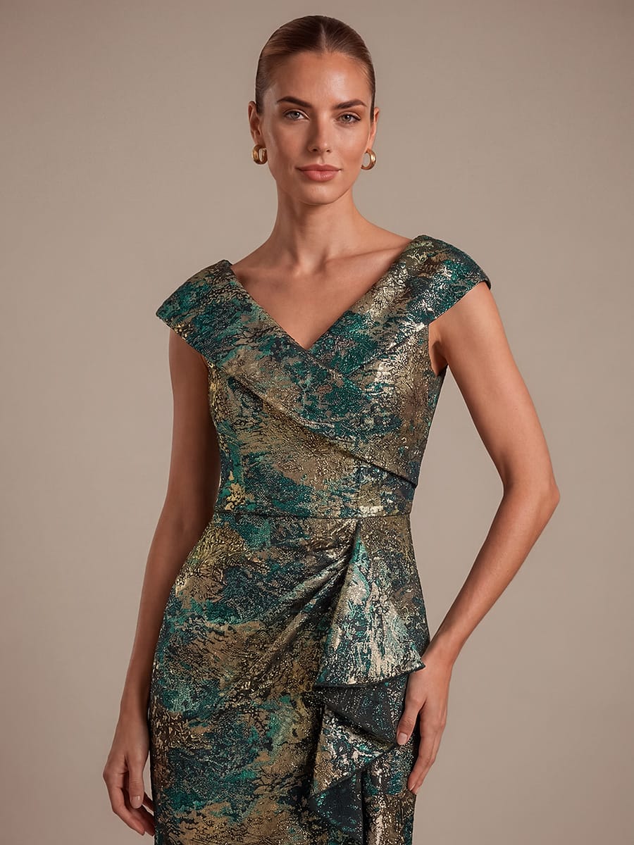 Ruffle Slit Mermaid Jacquard High Low Dress