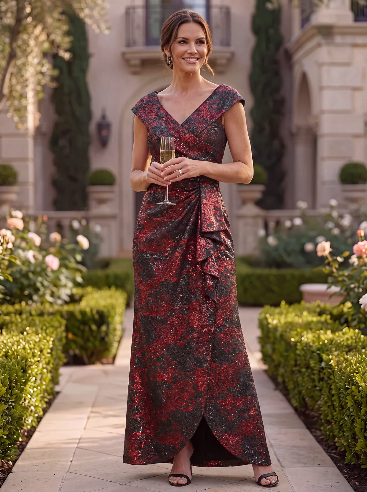 Ruffle Slit Mermaid Jacquard High Low Dress