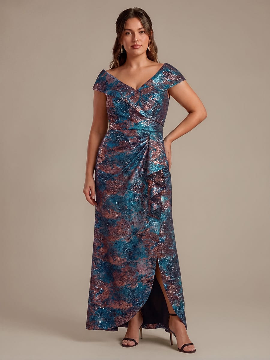 Plus Size Ruffle Slit Mermaid Jacquard High Low Dress