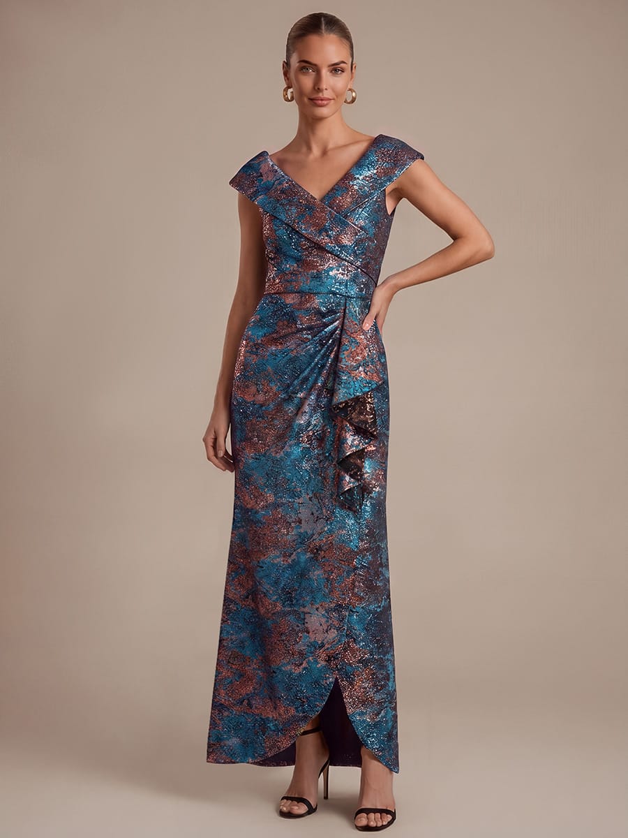 Ruffle Slit Mermaid Jacquard High Low Dress