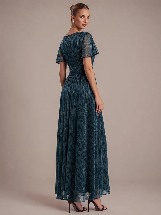 Appliqué Ruffle Tulle A Line Maxi Dress with Cap Sleeves