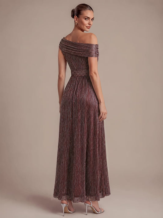 Pleated Tulle A Line Maxi Dress with Off Shoulder
