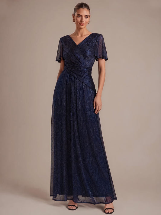 Pleated Tulle A Line Maxi Dress with Ruffle Sleeve