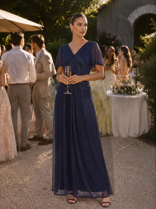 Pleated Tulle A Line Maxi Dress with Ruffle Sleeve