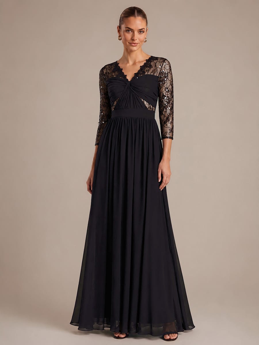 Chiffon Long Sleeve Lace Sleeve Maxi Dress