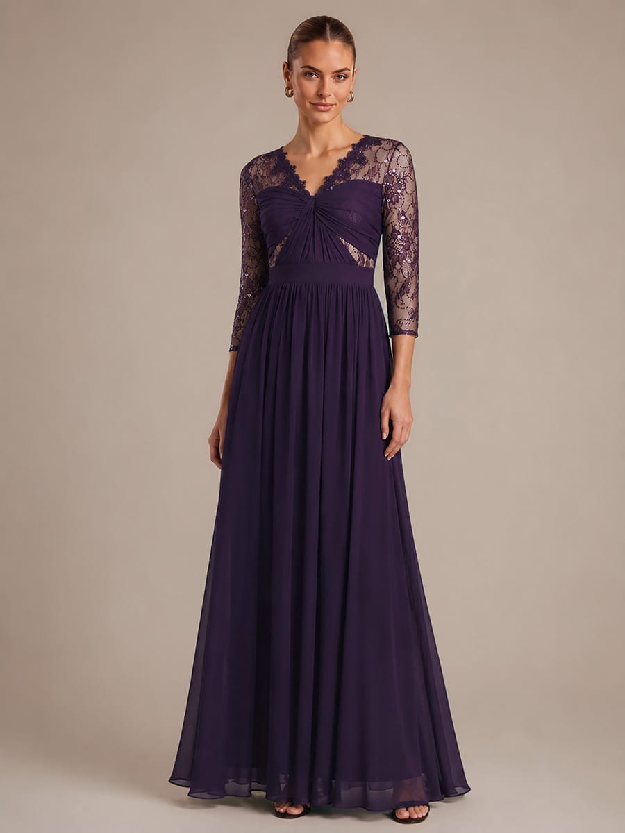 Chiffon Long Sleeve Lace Sleeve Maxi Dress
