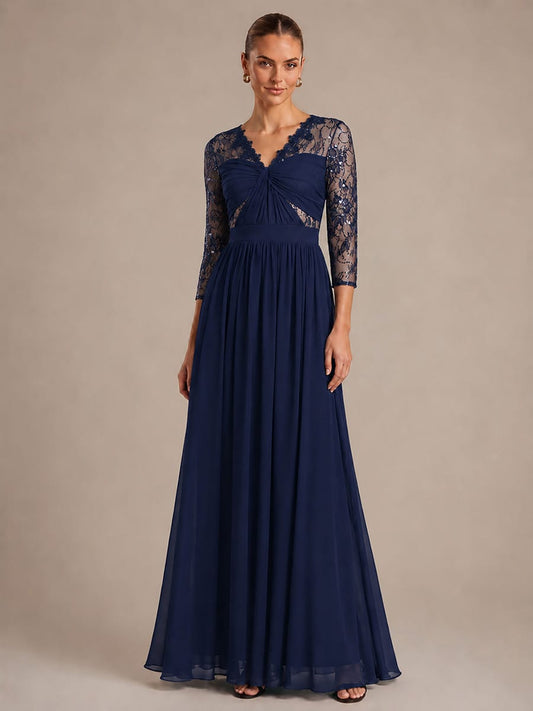 Chiffon Long Sleeve Lace Sleeve Maxi Dress