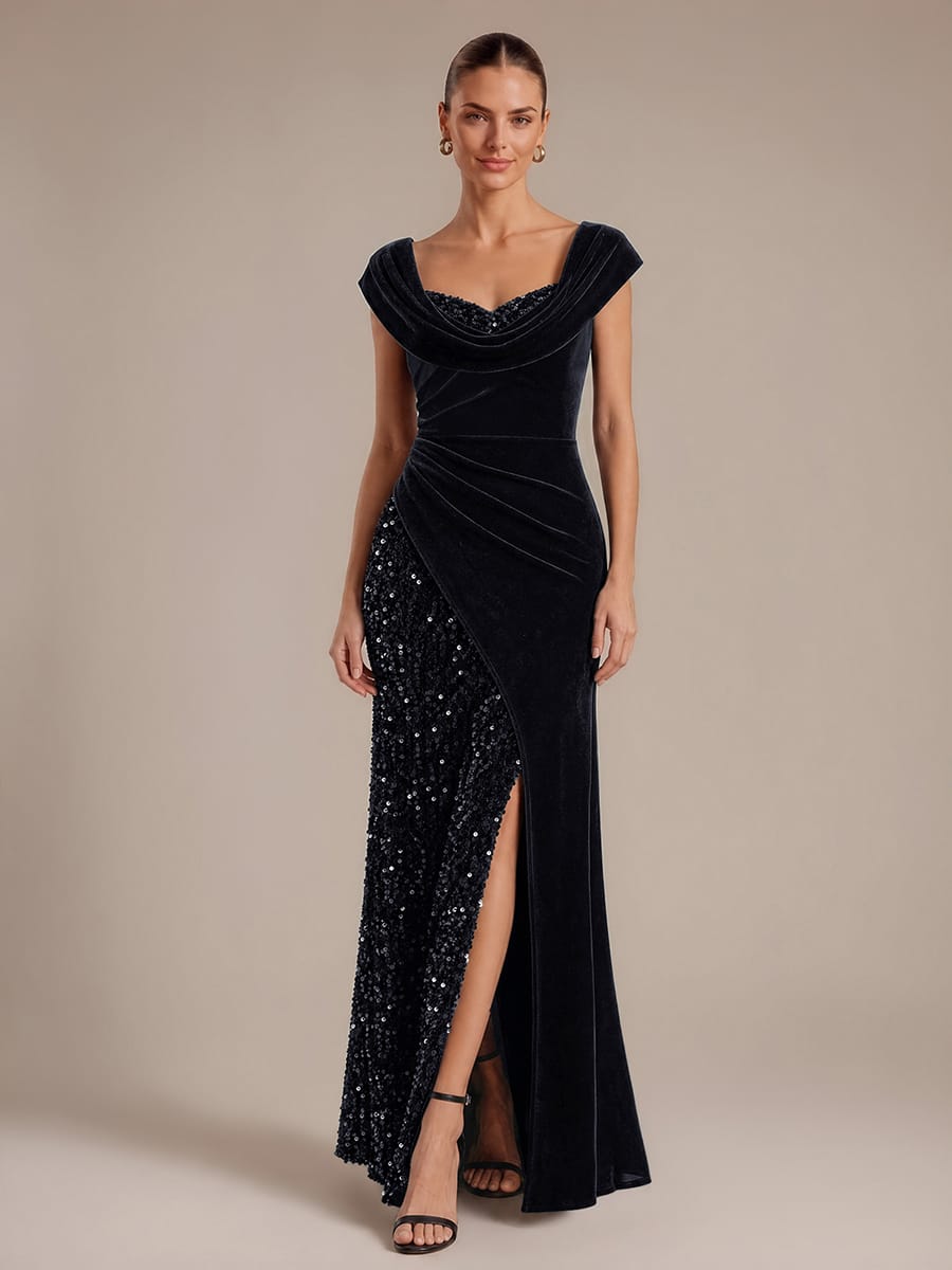 Draped Velvet Sequin Split Maxi Evening Dress