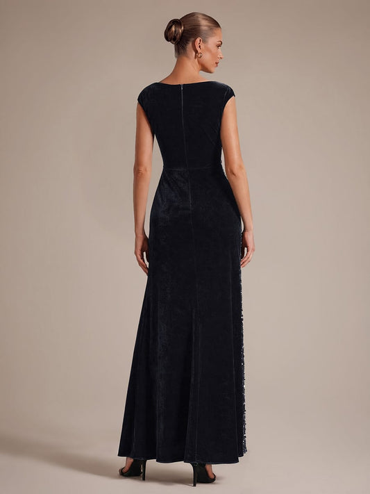 Draped Velvet Sequin Split Maxi Evening Dress