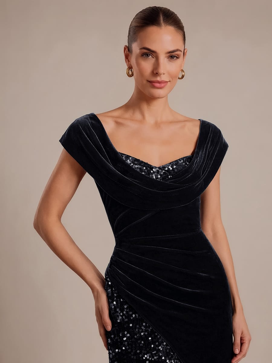 Draped Velvet Sequin Split Maxi Evening Dress