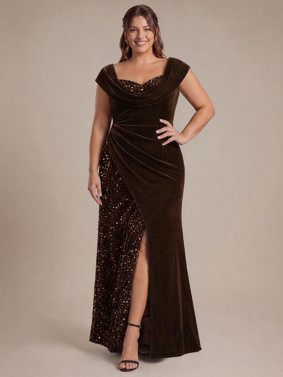 Draped Velvet Sequin Split Maxi Evening Dress