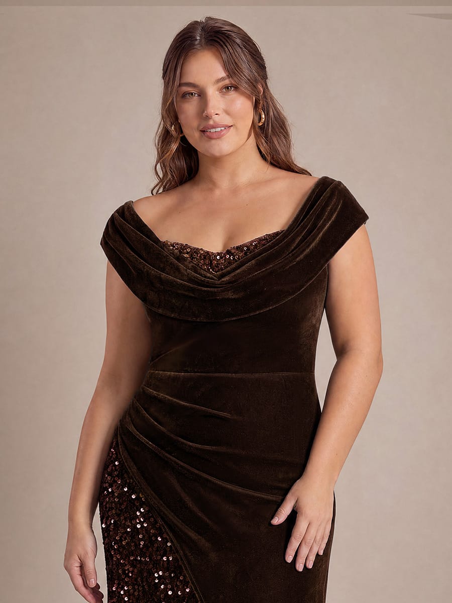 Draped Velvet Sequin Split Maxi Evening Dress