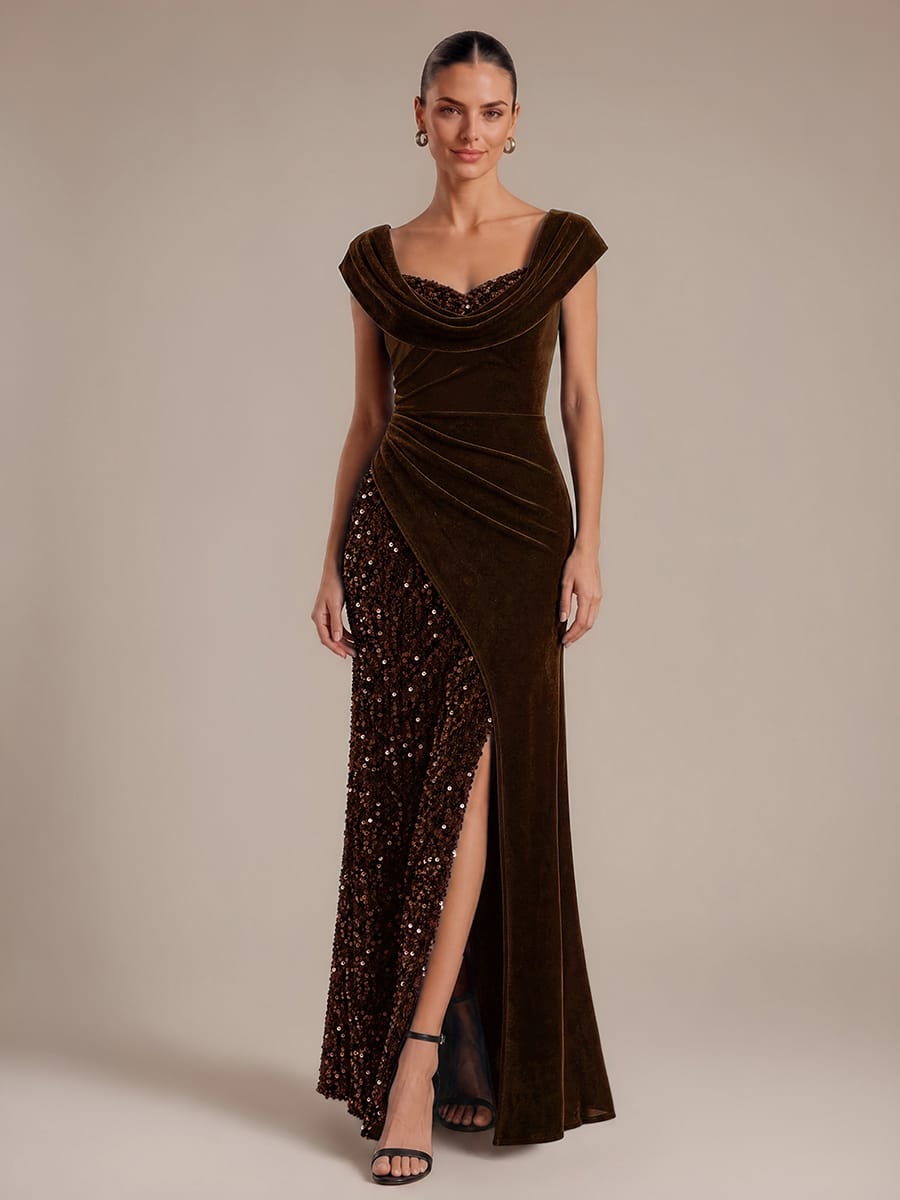 Draped Velvet Sequin Split Maxi Evening Dress