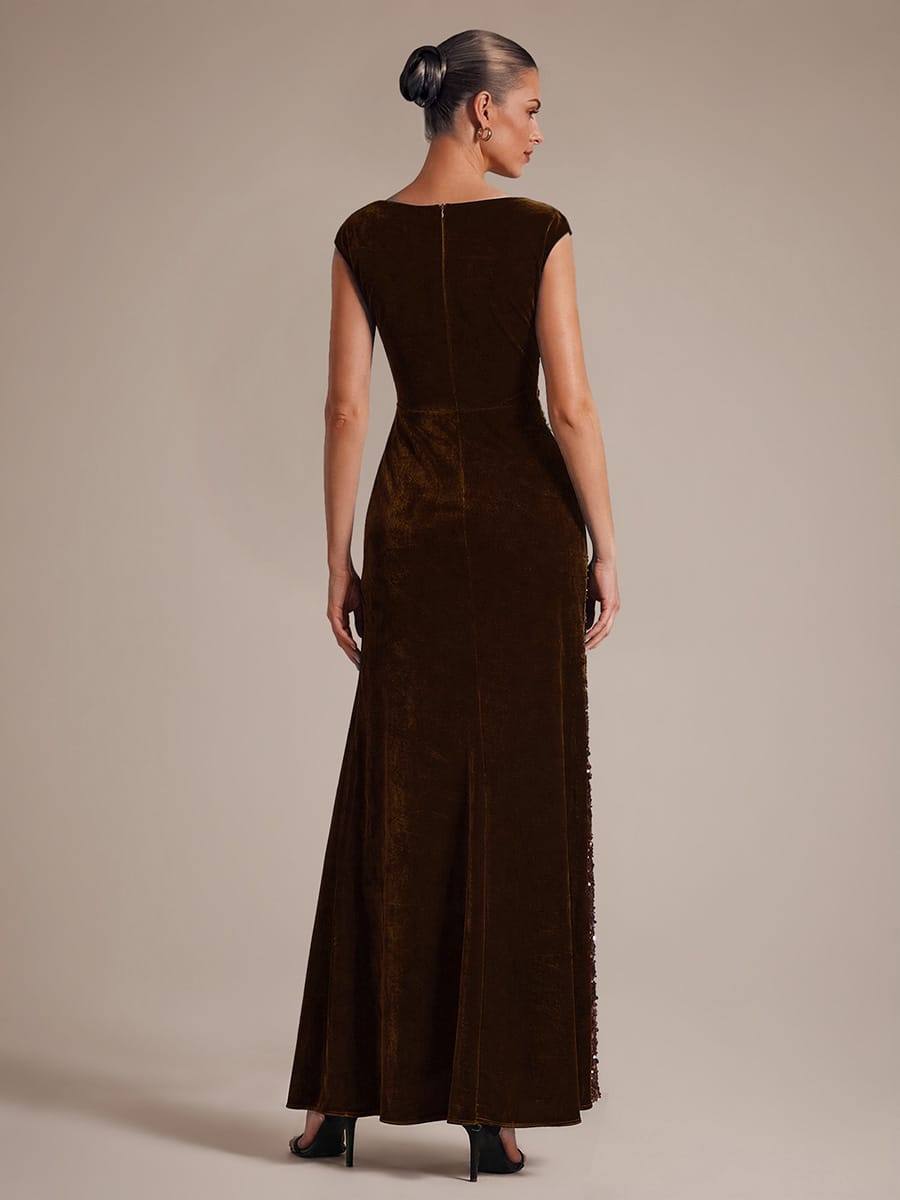 Draped Velvet Sequin Split Maxi Evening Dress