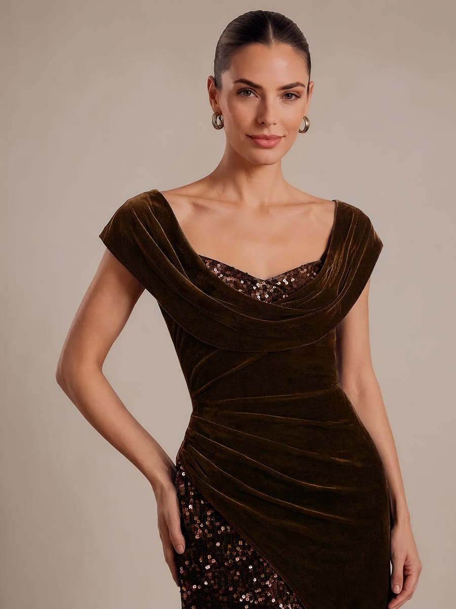 Draped Velvet Sequin Split Maxi Evening Dress