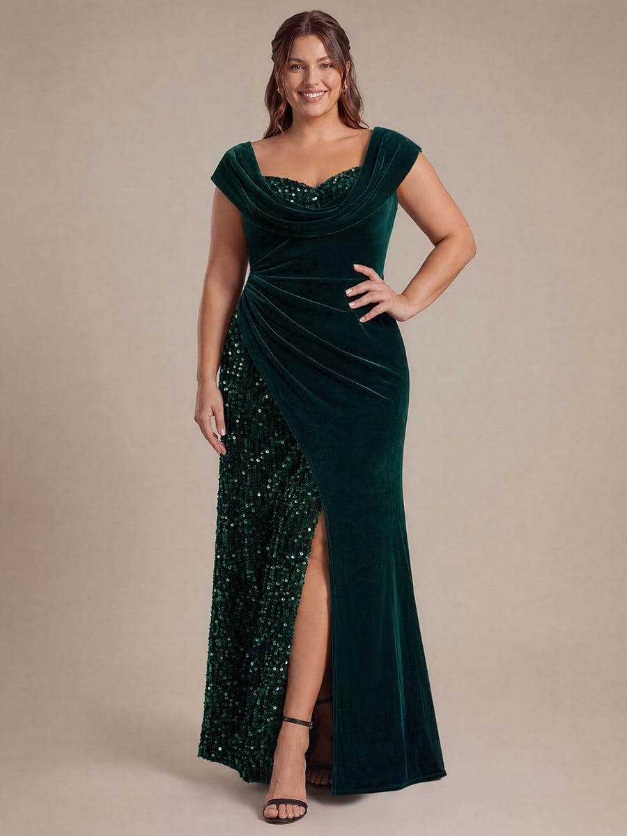 Draped Velvet Sequin Split Maxi Evening Dress