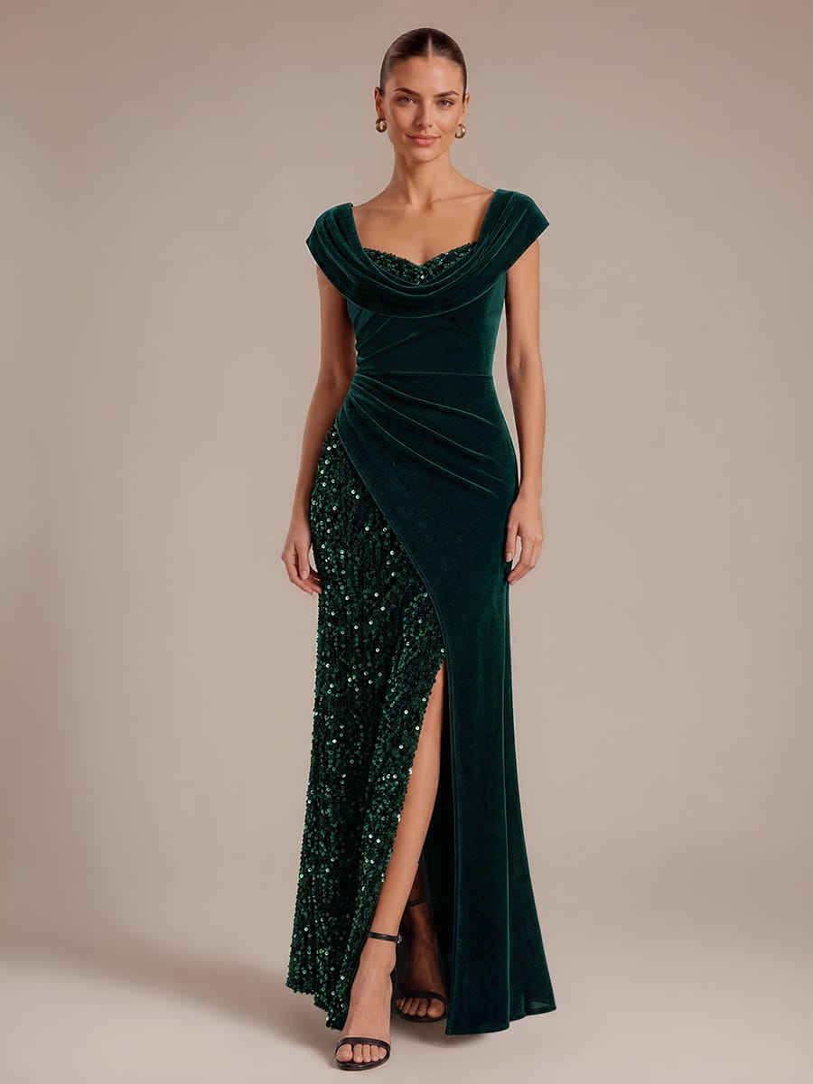 Draped Velvet Sequin Split Maxi Evening Dress