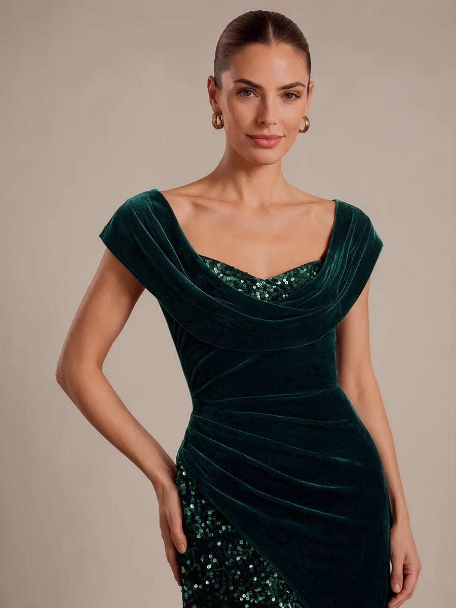 Draped Velvet Sequin Split Maxi Evening Dress