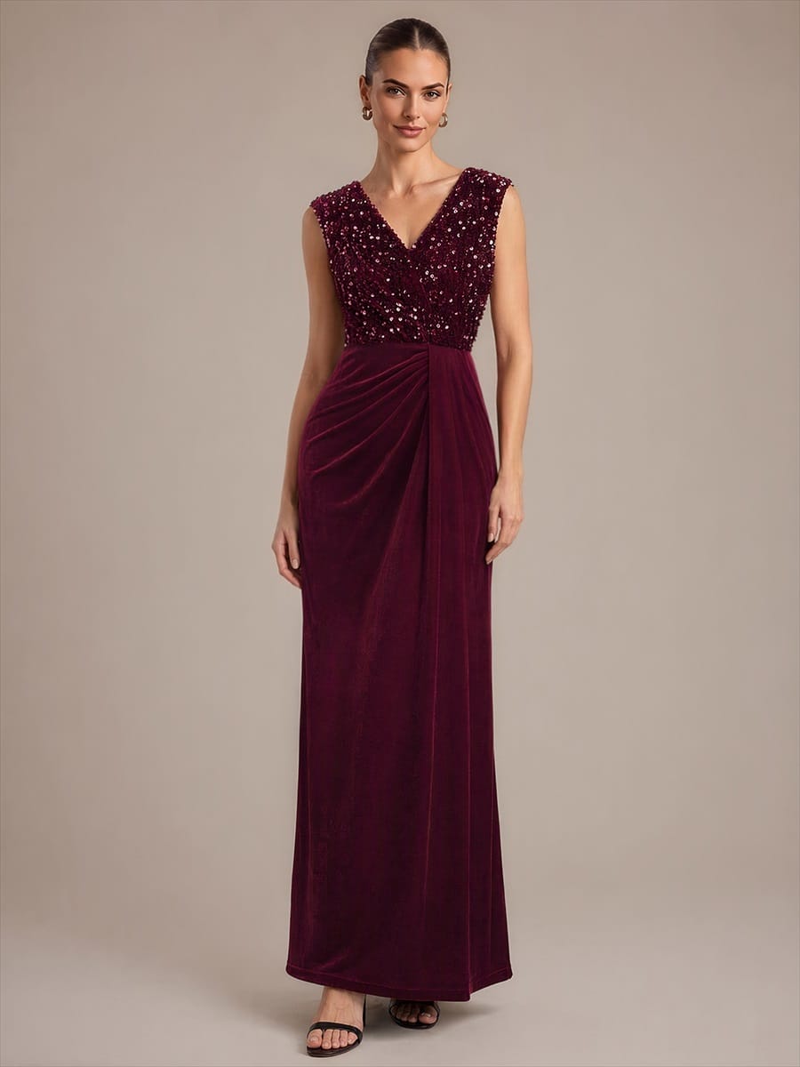 Draped V Neck Velvet Maxi Evening Dress