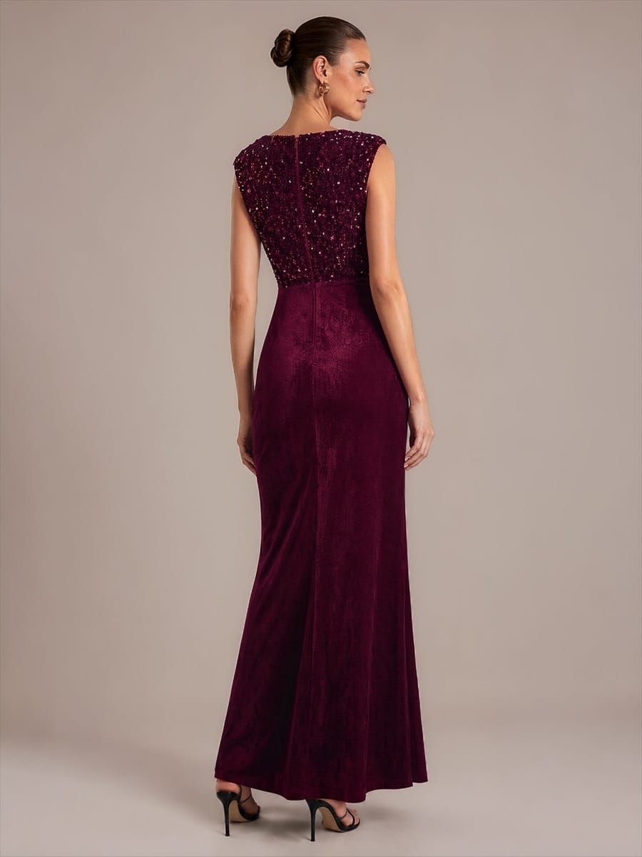 Draped V Neck Velvet Maxi Evening Dress