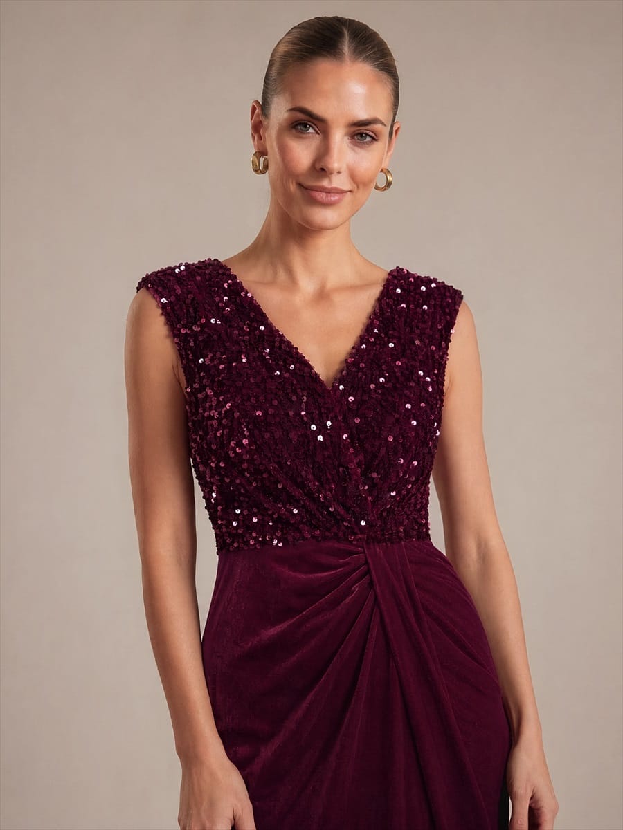 Draped V Neck Velvet Maxi Evening Dress