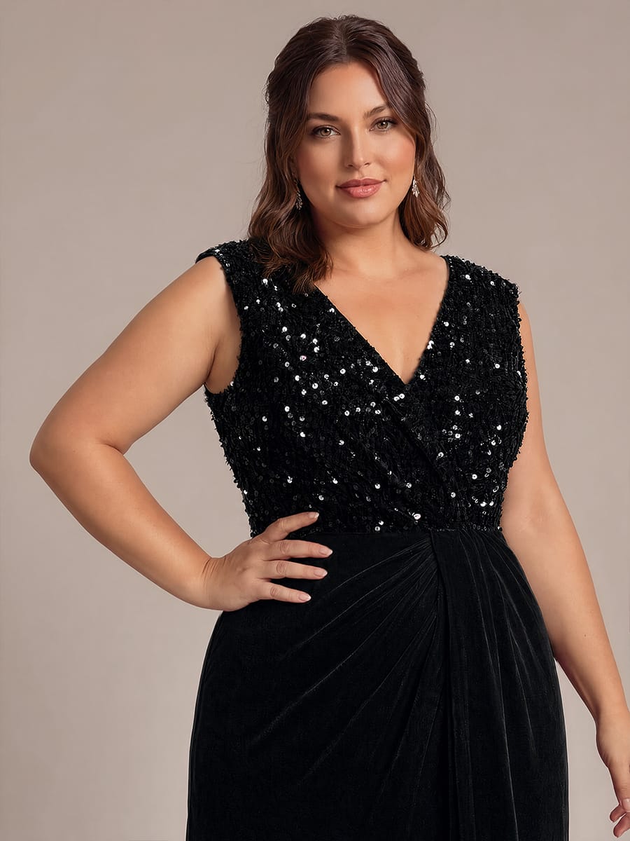 Draped V Neck Velvet Maxi Evening Dress