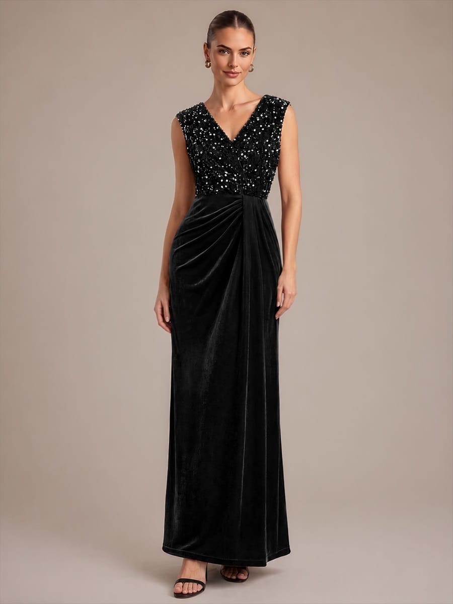 Draped V Neck Velvet Maxi Evening Dress
