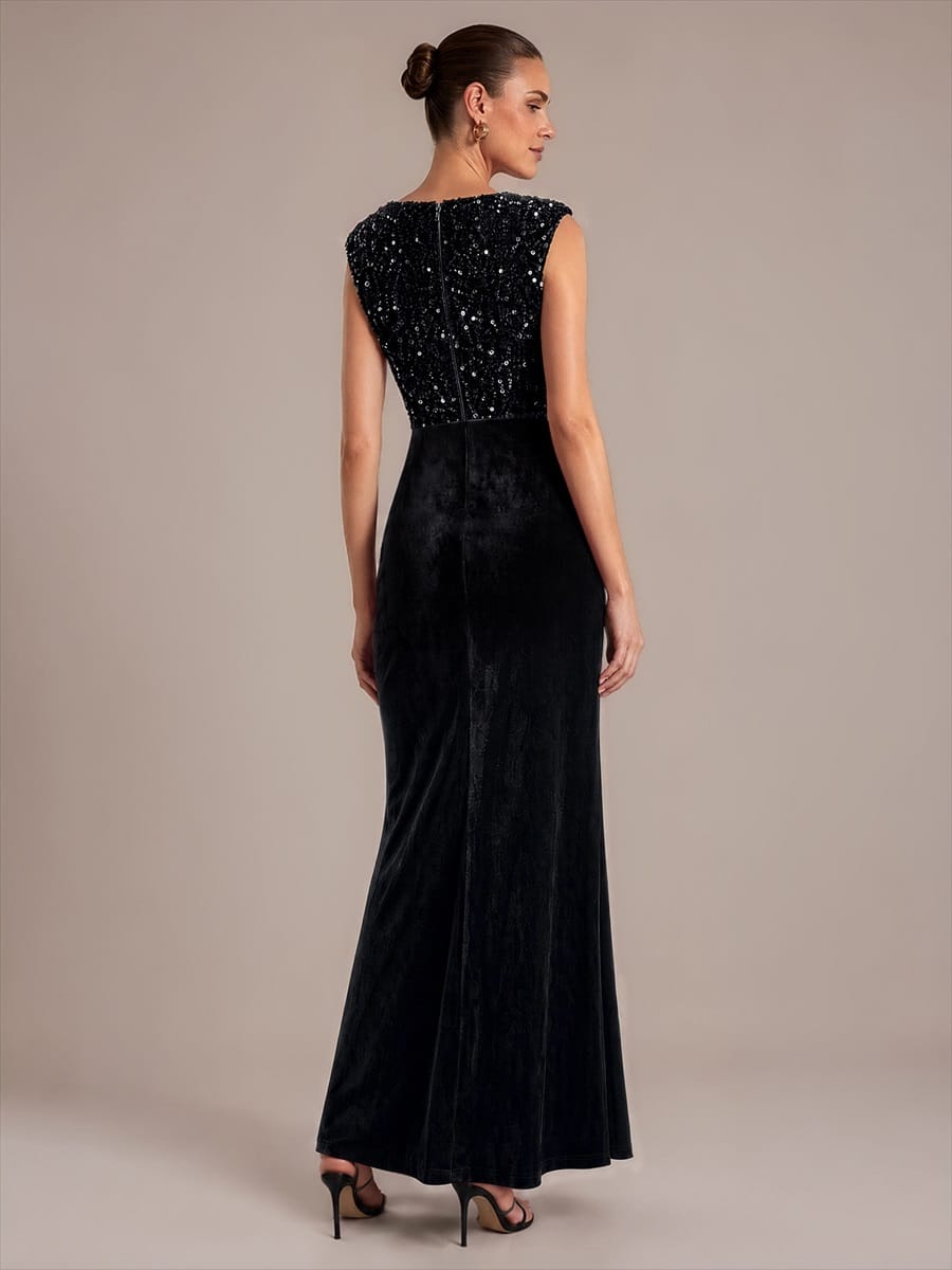 Draped V Neck Velvet Maxi Evening Dress
