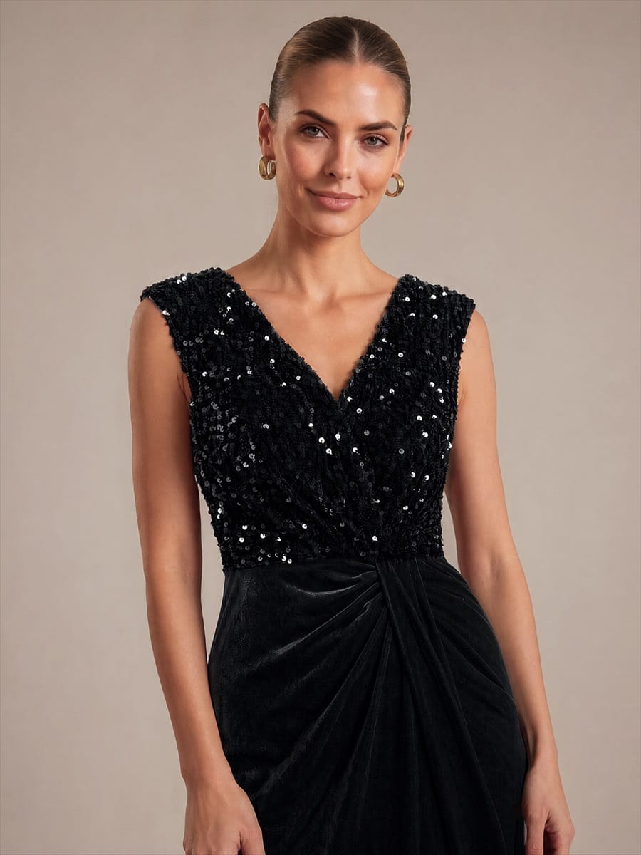 Draped V Neck Velvet Maxi Evening Dress