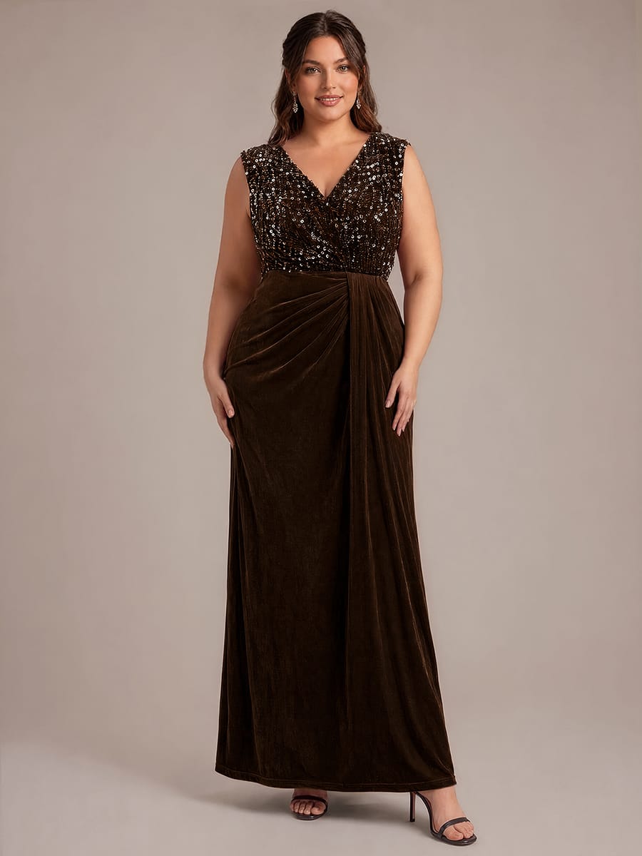 Draped V Neck Velvet Maxi Evening Dress