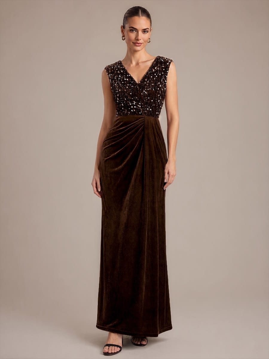 Draped V Neck Velvet Maxi Evening Dress