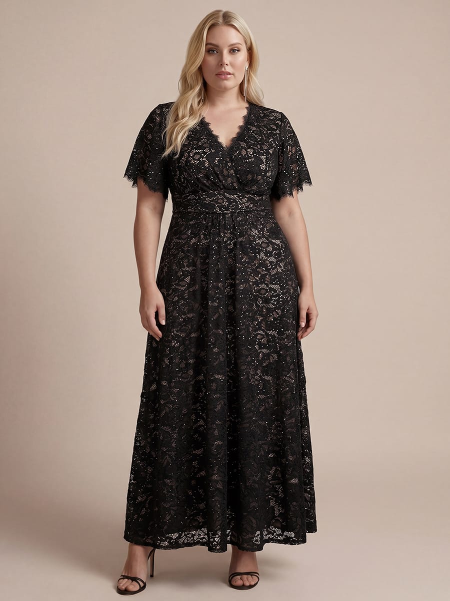 Elegant Flutter Sleeve Sequin Lace Maxi Dress V-Neck Empire Waist Evening Gown