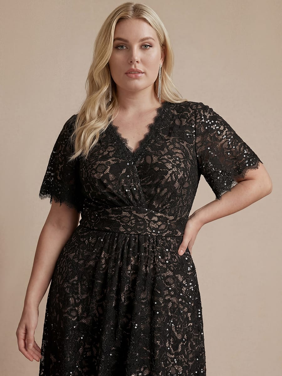 Elegant Flutter Sleeve Sequin Lace Maxi Dress V-Neck Empire Waist Evening Gown