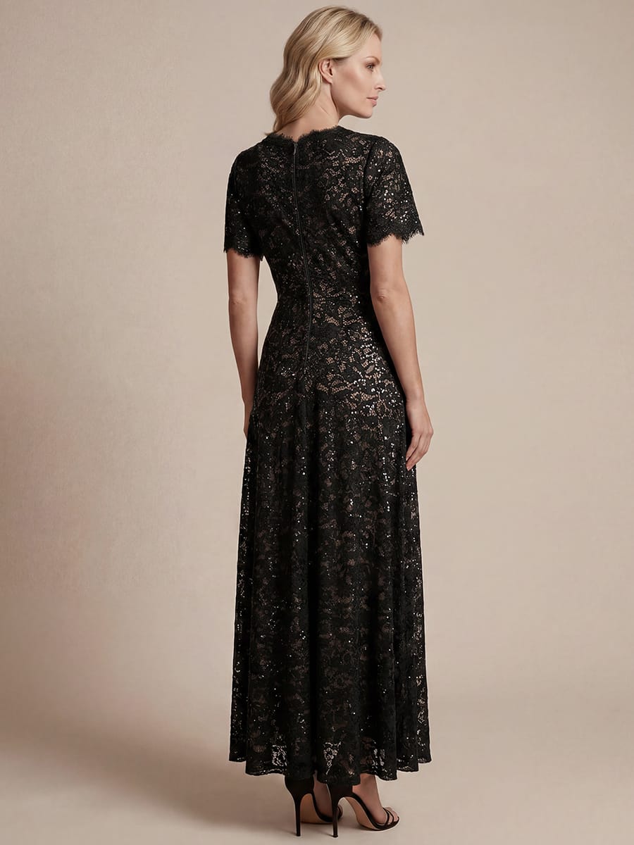 Elegant Flutter Sleeve Sequin Lace Maxi Dress V-Neck Empire Waist Evening Gown