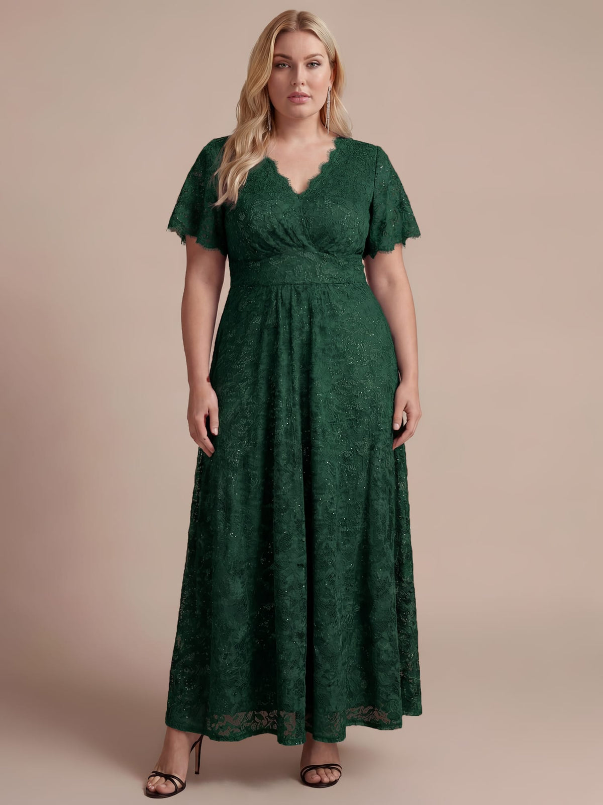Elegant Flutter Sleeve Sequin Lace Maxi Dress V-Neck Empire Waist Evening Gown
