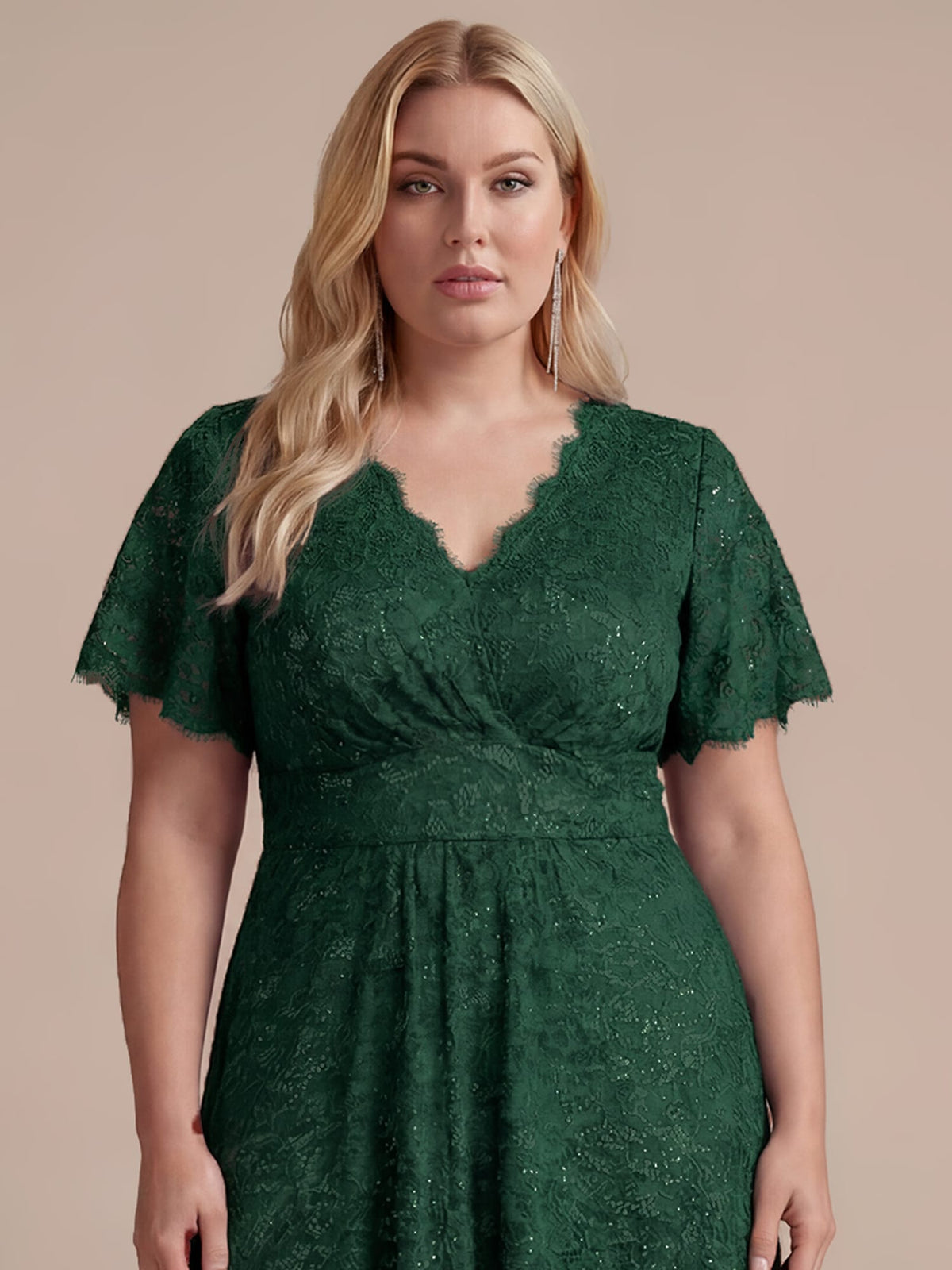 Elegant Flutter Sleeve Sequin Lace Maxi Dress V-Neck Empire Waist Evening Gown