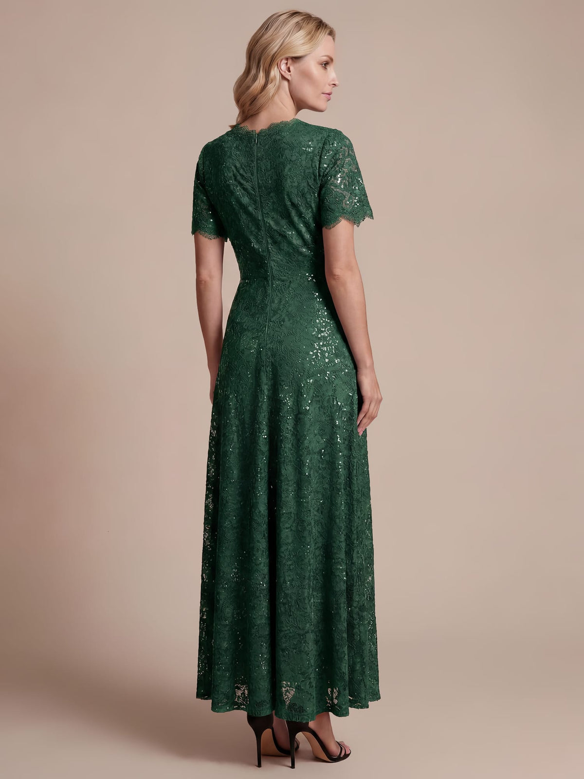 Elegant Flutter Sleeve Sequin Lace Maxi Dress V-Neck Empire Waist Evening Gown