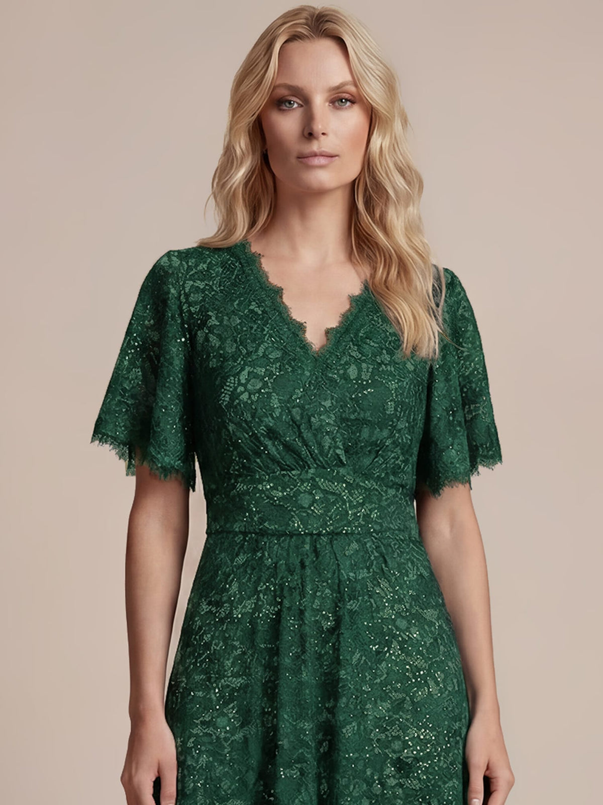 Elegant Flutter Sleeve Sequin Lace Maxi Dress V-Neck Empire Waist Evening Gown