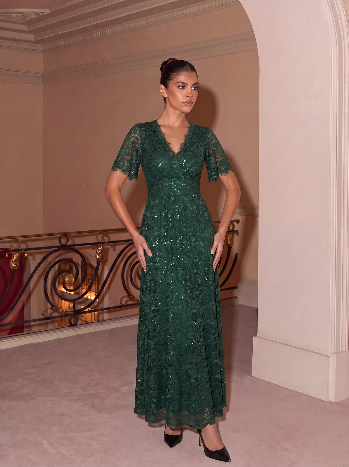 Elegant Flutter Sleeve Sequin Lace Maxi Dress V-Neck Empire Waist Evening Gown