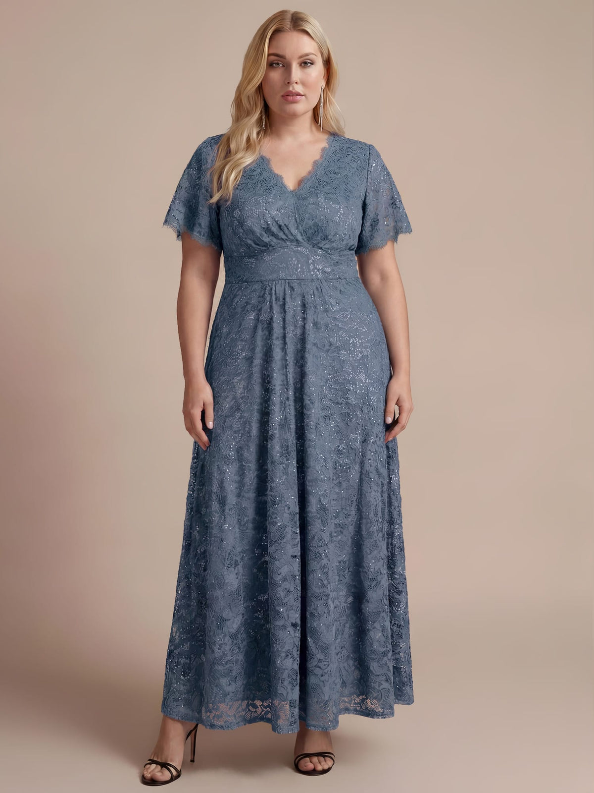 Elegant Flutter Sleeve Sequin Lace Maxi Dress V-Neck Empire Waist Evening Gown