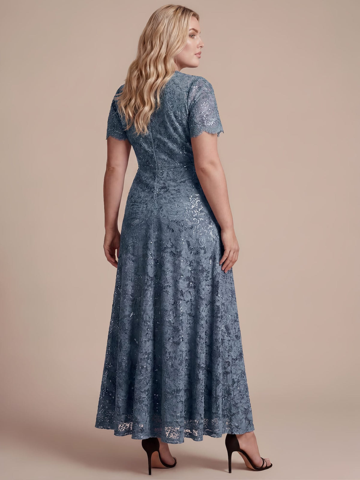 Elegant Flutter Sleeve Sequin Lace Maxi Dress V-Neck Empire Waist Evening Gown