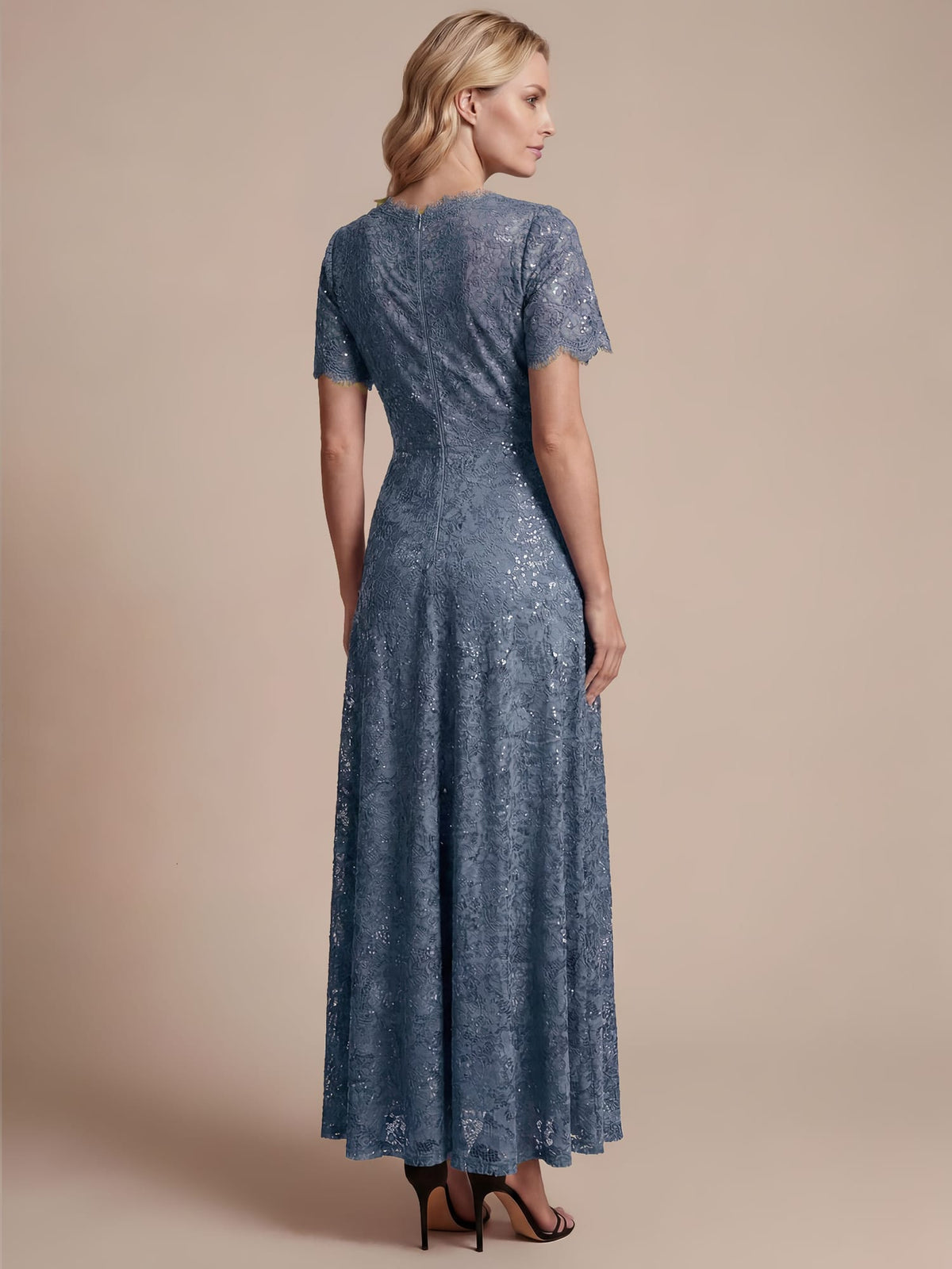 Elegant Flutter Sleeve Sequin Lace Maxi Dress V-Neck Empire Waist Evening Gown
