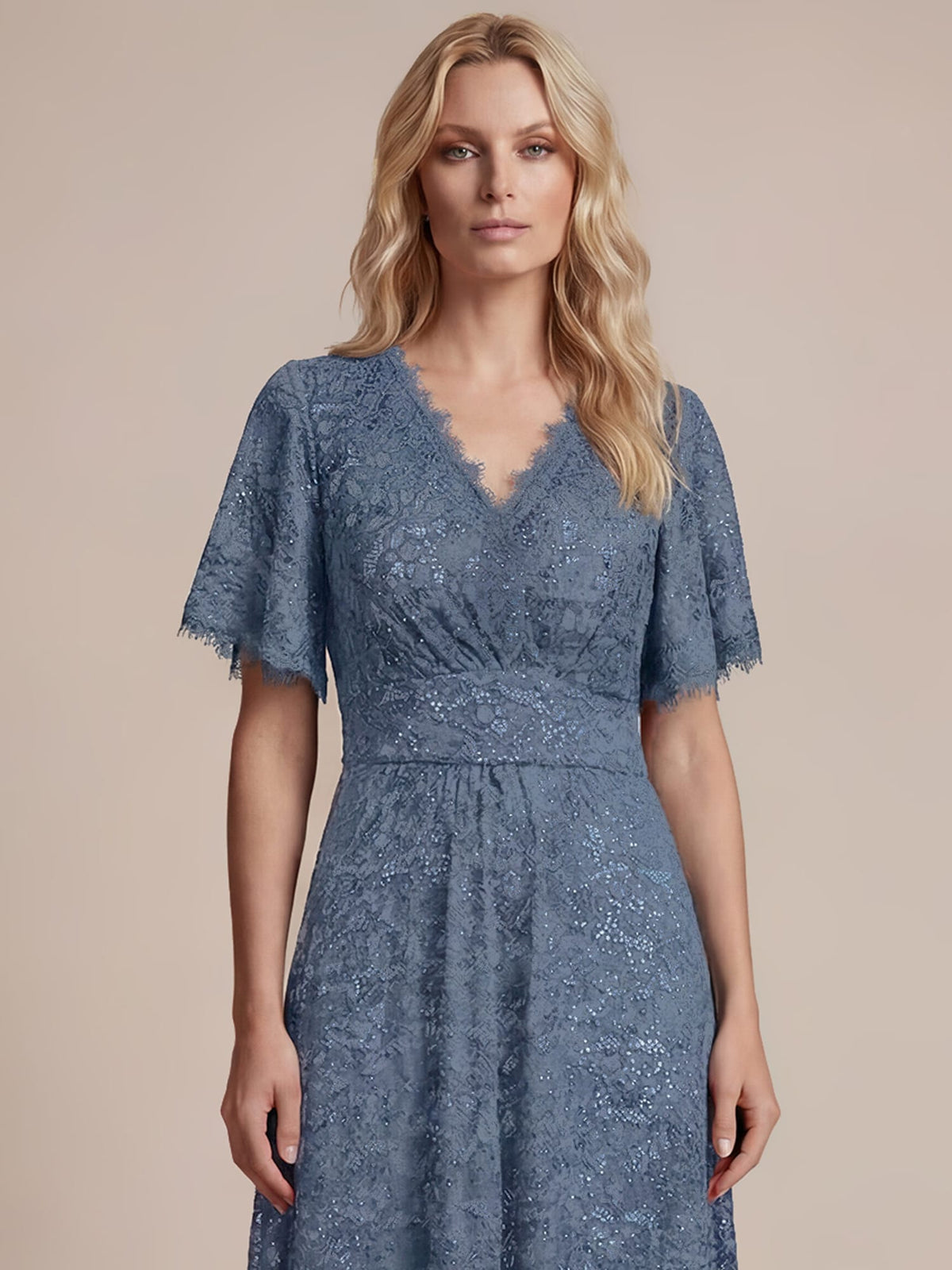 Elegant Flutter Sleeve Sequin Lace Maxi Dress V-Neck Empire Waist Evening Gown